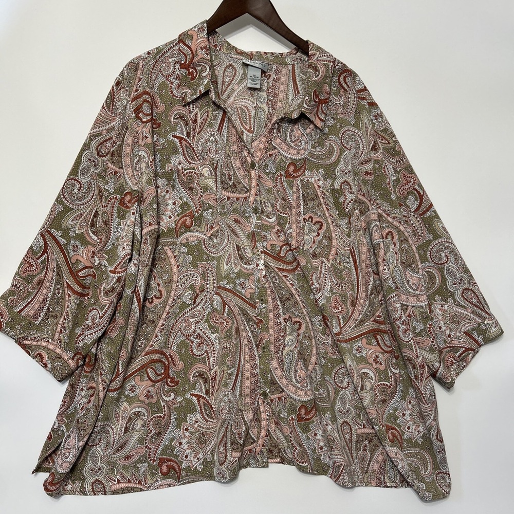 Catherines Womens Paisley Print Top 3X Button Up Blouse Wide Cuff Casual Office‎